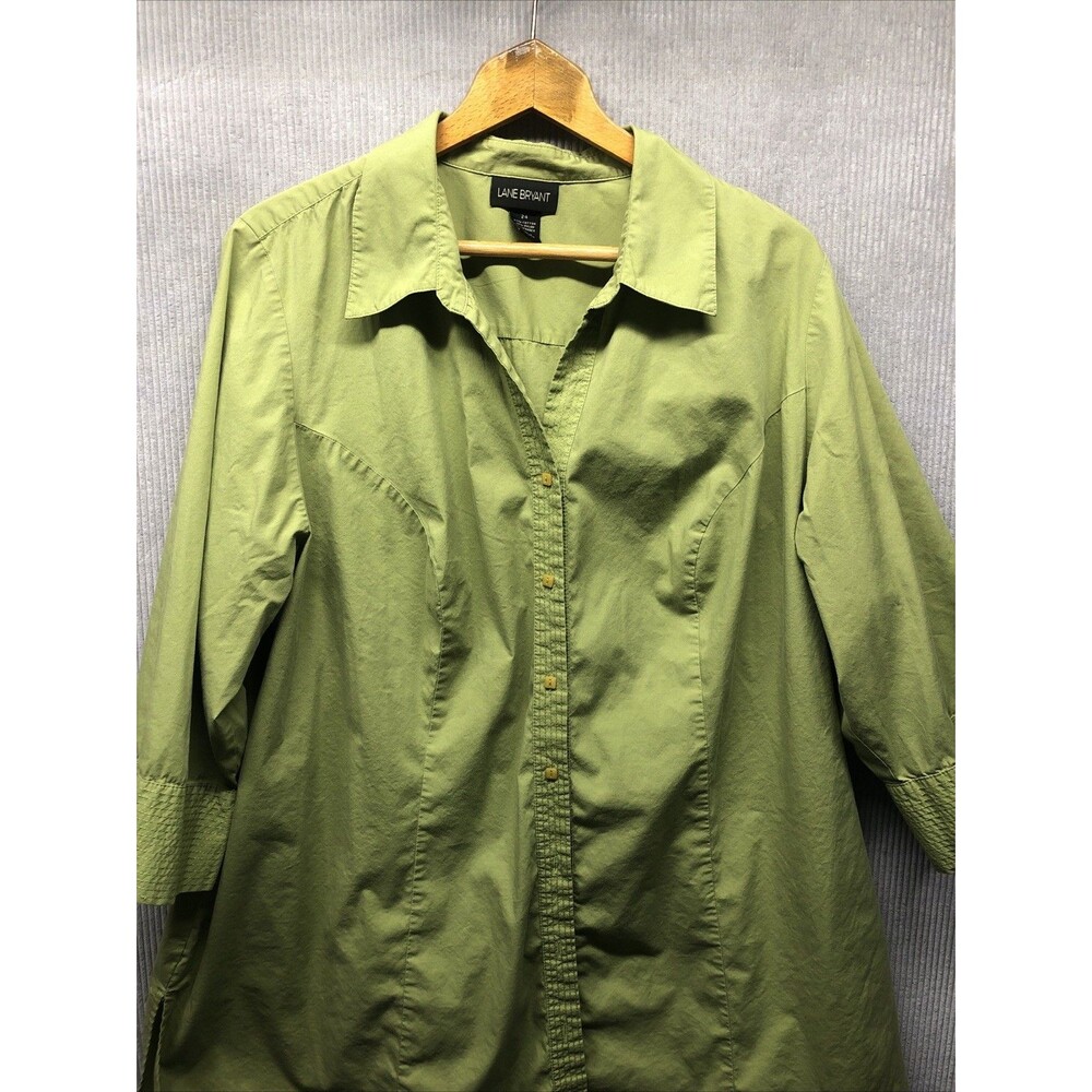 Lane Bryant Button Down Top Plus Size 24 V Neck Green 3/4 Sleeves